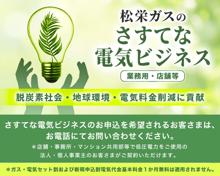 松栄ガスのさすてな電気ビジネス[業務用・店舗等] 脱炭素社会・地球環境・電気料金削減に貢献